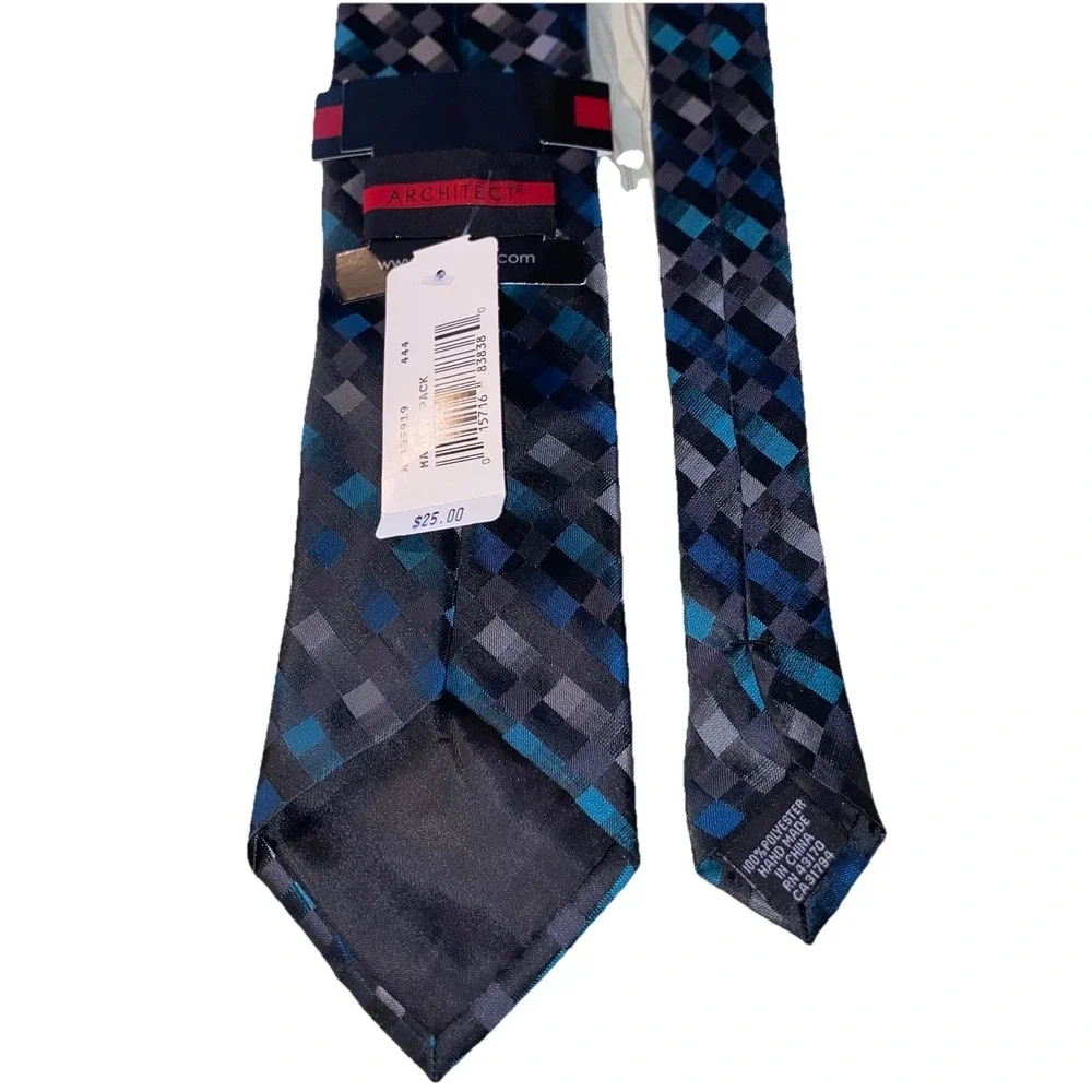 Architect Men's Neck Tie Blue/Gray/Black‎ Geometric Designer Handmade 58